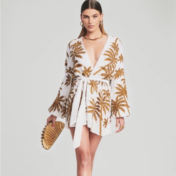 RETROFETE Gabrielle Palm Tree Robe Dress - White - Picture 1 of 5